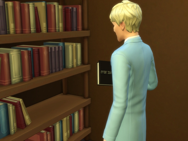 Boyd browsing a bookshelf