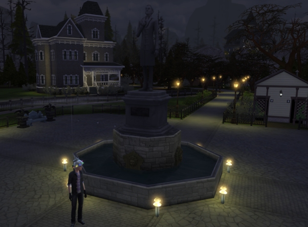 Boyd at Forgotten Hollow's square by the fountain with Vladislaus' statue. It looks dark out.